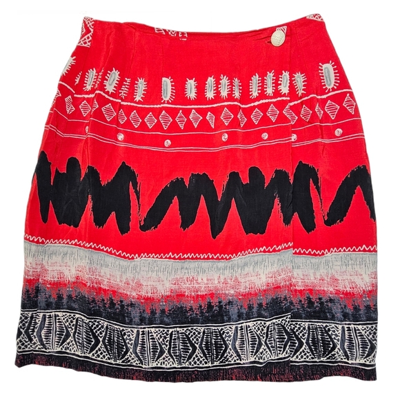 Russell Kemp Dresses & Skirts - Vintage Russell Kemp New York Patterned Red and Black A-Line Wrap Skirt